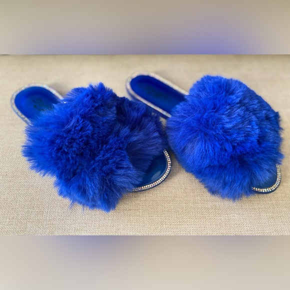 Super Jack Rhinestone Jelly Slide- On’s - Royal Blue - Faux Feather/ Size 10 - Picture 3 of 8